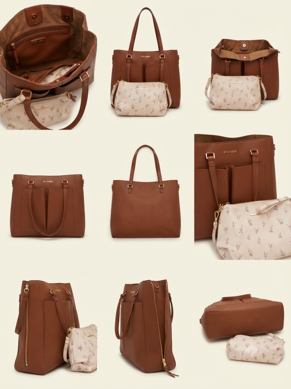 Steve Madden Faux-Leather Tote Bag with interior Floral Pouch - Brown